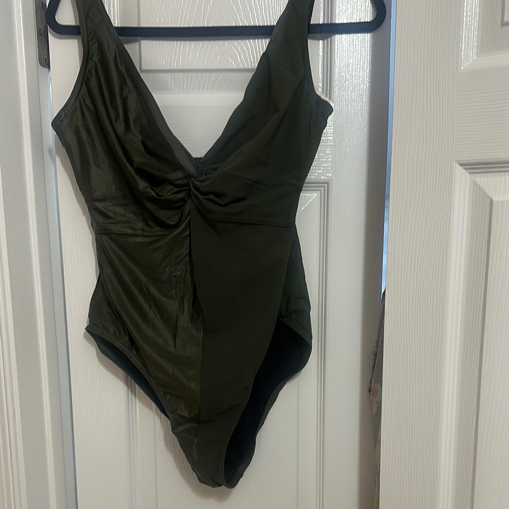 Elegant Olive Green V-Neck One Piece Swimsuit